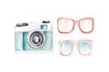 Watercolor camera and sunglasses illustration Royalty Free Stock Photo