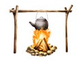 Watercolor campfire with big black kettle illlustration. Camping equipment for recreation tourism and adverture isolated