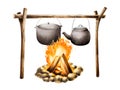 Watercolor campfire with big black saucepan and kettle illlustration. Camping equipment for recreation tourism and