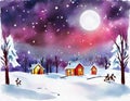 Watercolor of campfire christmas night landscape