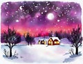 Watercolor of campfire christmas night landscape