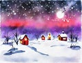 Watercolor of campfire christmas night landscape