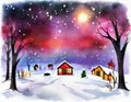 Watercolor of campfire christmas night landscape
