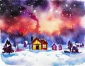 Watercolor of campfire christmas night landscape