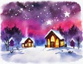 Watercolor of campfire christmas night landscape