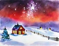 Watercolor of campfire christmas night landscape