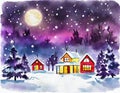 Watercolor of campfire christmas night landscape