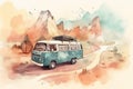 Watercolor camping concept art caravan travel lifestyle. Generative AI