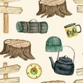 8097 Watercolor camping elements seamless pattern. Compass, mug, kettle, tree stump, road sing. Royalty Free Stock Photo