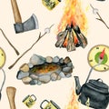 8098 Watercolor camping elements seamless pattern. Ax, bonfire, compass, kettle, marshmallow. Royalty Free Stock Photo
