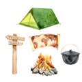 Watercolor camping set - tent, pointer, map, bonfire, cauldron Royalty Free Stock Photo