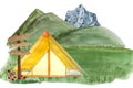 Watercolor camping yellow tent mountain scenery isolated on white