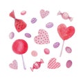 Watercolor candies, sweets, hearts, lollipops