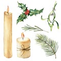 Watercolor candle with decor set. Hand painted candle, holly, mistletoe rosemary, christmas tree branch isolated on Royalty Free Stock Photo