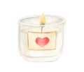 Watercolor candle in glass jar illustration. Hand painted cute romantic home decor element isolated on white background