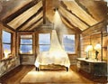 Watercolor of candlelit cabin bedroom with a fluffy created with Royalty Free Stock Photo