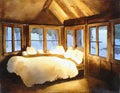 Watercolor of candlelit cabin bedroom with a fluffy created with Royalty Free Stock Photo