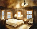 Watercolor of candlelit cabin bedroom with a fluffy created with Royalty Free Stock Photo