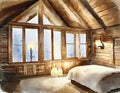 Watercolor of candlelit cabin bedroom with a fluffy created with Royalty Free Stock Photo