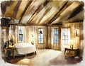 Watercolor of candlelit cabin bedroom with a fluffy created with Royalty Free Stock Photo