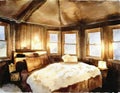 Watercolor of candlelit cabin bedroom with a fluffy created with Royalty Free Stock Photo