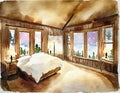 Watercolor of candlelit cabin bedroom with a fluffy created with Royalty Free Stock Photo