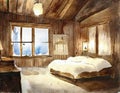 Watercolor of candlelit cabin bedroom with a fluffy created with Royalty Free Stock Photo