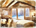 Watercolor of candlelit cabin bedroom with a fluffy created with Royalty Free Stock Photo