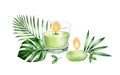 Watercolor candles arrangement. Two green candles and palm, monstera leaves. Realistic glass painting. Spa and cosmetic Royalty Free Stock Photo