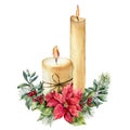 Watercolor candles with Christmas floral composition. Hand painted fir branch, snowberry, pine cone, poinsettia, holly