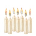 Watercolor candles with flame and light for illustrations for Christmas, Candlemas, wedding, birthday, Easter, magic