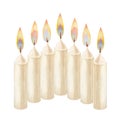 Watercolor candles with flame and light for illustrations for Christmas, Candlemas, wedding, birthday, Easter, magic