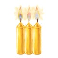 Watercolor candles with flame and light for illustrations for Christmas, Candlemas, wedding, birthday, Easter, magic