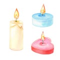 Watercolor candles on a white background.Set of watercolour elements of different colors and shapes.