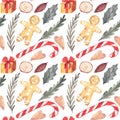 Watercolor Candy cane, Holly, seamless pattern. Watercolor texture.