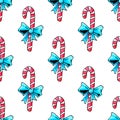 Watercolor candy cane, sweets, lollipop seamless hand drawn pattern. New year and Christmas backgrounds and texture. Seamless Royalty Free Stock Photo