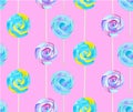 Watercolor candy and lolipop seamless pattern on a pink background