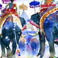 Caparisoned elephants in hindu festival parade