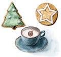 Watercolor cappuccino with Christmas pastry. Hand painted cup of coffee and cookies with Christmas tree and white star