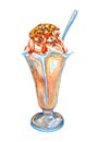Watercolor caramel ice cream in a glass. Hand drawn sundae Illustration with chocolate sprinkle and cream on top.