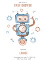 Watercolor card baby shower with robot, bolts, gear for boys Royalty Free Stock Photo