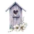 Watercolor card with bird house and bouquet of anemones. Spring illustration with flowers and willow isolated on a white