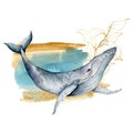 Watercolor card with blue whale and line art laminaria. Hand painted underwater composition isolated on white background