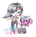 Watercolor card with boombox and dancing girl . Calligraphy words Cool Girl.