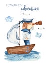 Watercolor card with boy sailor with spyglass on a boat at sea