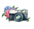 Watercolor card composition with camera and flower bouquet. Hand painted photographer logo with anemone and ranunculus