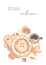 Watercolor card cozy autumn with cake, coffee, bun, apples, chestnut, autumn leaves, berries Royalty Free Stock Photo