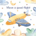 Watercolor card with cute airplane and clouds.