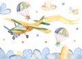 Watercolor card with cute airplane and clouds.