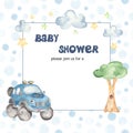 Watercolor card with cute car offroad Baby boy shower